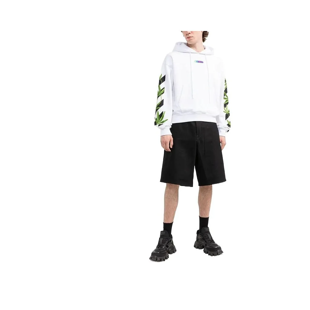 ♻️💯Refer to the model picture for the upper body❤️[New style] 22SS top version OFFWHITE OW lucky leaf embroidery print men and women couples the same trendy pure cotton loose autumn and winter hooded sweatshirt. This year's environmentally friendly series is indeed a bit interesting, all centered around plants. The combination of lucky leaves and arrows has a slightly fresh and artistic style. The front panel printing uses Tajima embroidery printing and superimposed embroidery technology, with a yellow background, a second layer of blue, and the last layer is purple OFF. The embroidery is raised and has a tactile feel. The arrows on the back are made using imported glue technology and then put on the embroidery machine. The printing is realistic and full. Ye Jing's expression is very obvious. Customized three-label auxiliary materials to perfectly restore ZP.  Color: black and white Size: XS-L P:430